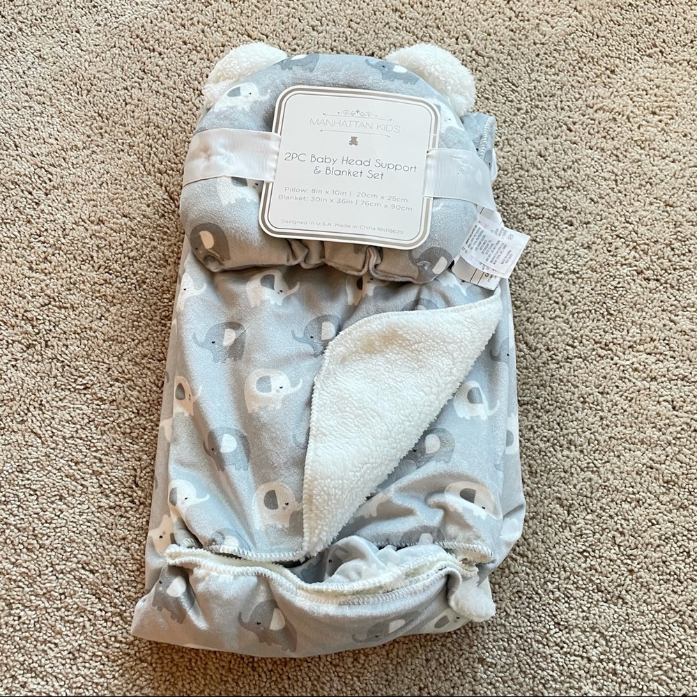 Manhattan Kids Sherpa Soft Baby Blanket and Head Support Elephant Gray